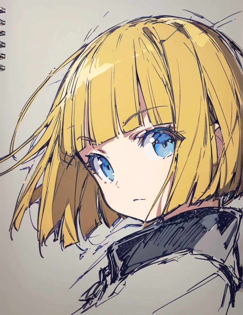 A girl fighting with golden flames(Sketches), (Open Close), (Small body), (Blonde:1.5) (Short Bob Hair:1.4), (Blue eyes)(Blunt bangs:1.3)