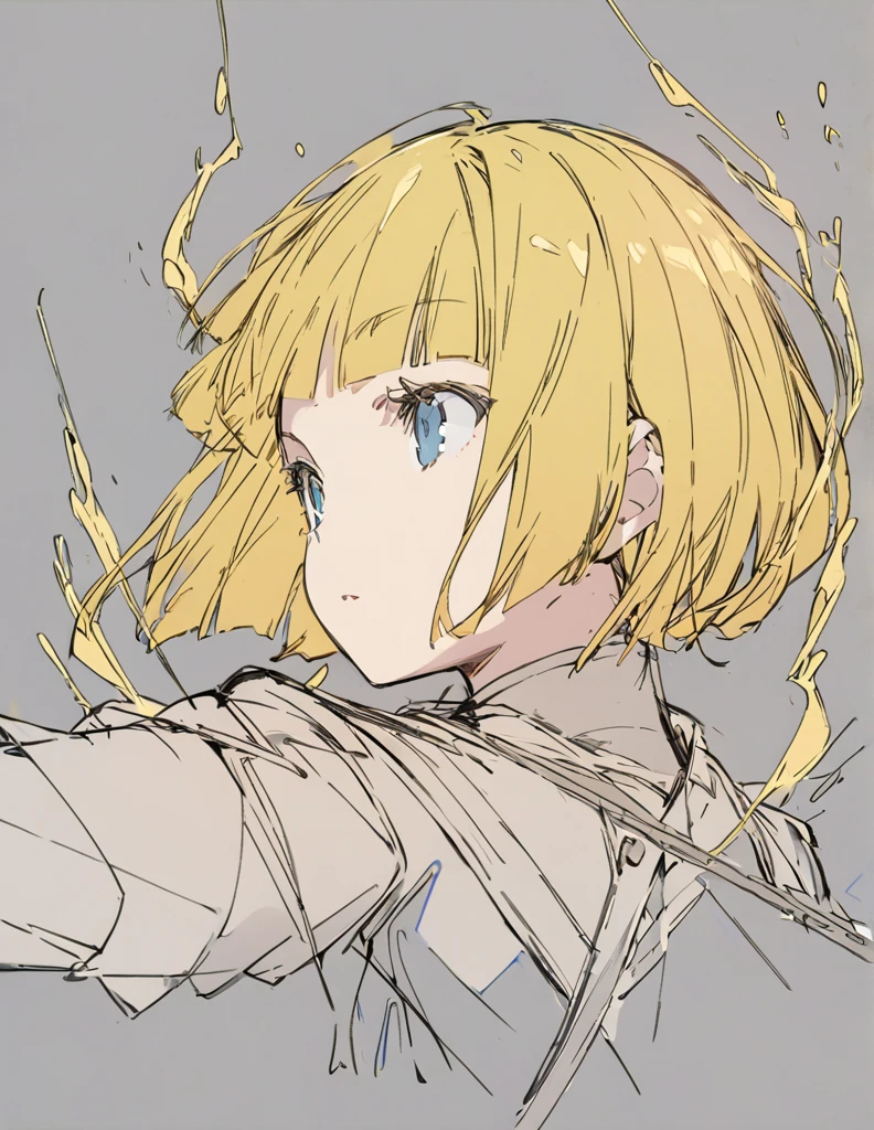 A girl fighting with golden flames(Sketches), (Open Close), (Small body), (Blonde:1.5) (Short Bob Hair:1.4), (Blue eyes)(Blunt bangs:1.3)