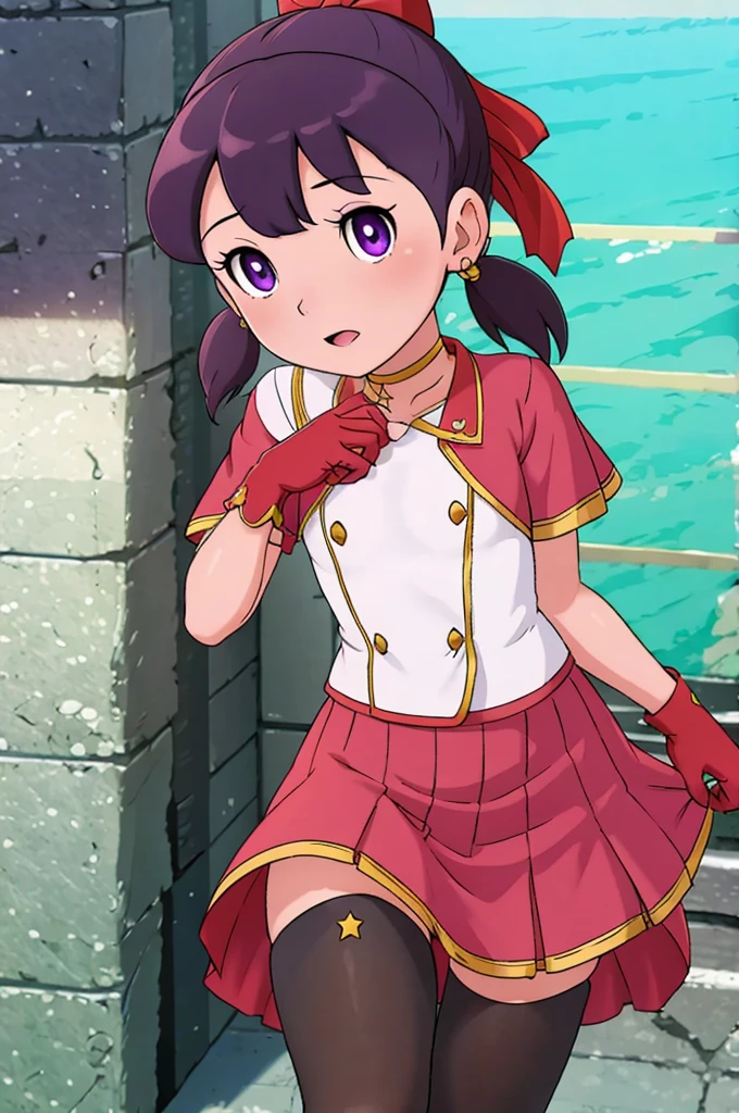 (masterpiece), (best quality), (ultra-detailed), intricate detail, detailed beautiful face and eyes,1girl, solo, purple eyes, purple hair, long dark blue hair, white earrings, red hairband, star hair ornament,fingerless gloves, gloves,pantyhose, jewelry, pleated_skirt,red skirt, short sleeves, Blunt Bangs,shizuka,hot,sea background