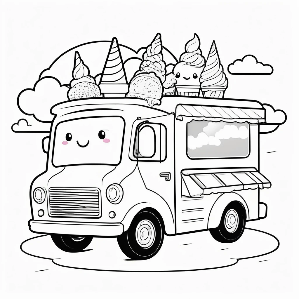 Cute ice cream truck, coloring page for kids, happy, smiling,cloud, vector art, minimalistic, vector 2d, black lines white background, coloring page for beginners, vector illustration, pencil strokes, no color, drawing for coloring, white background, pixar style, black and white