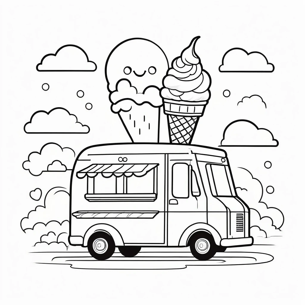 Cute ice cream truck, coloring page for kids, happy, smiling,cloud, vector art, minimalistic, vector 2d, black lines white background, coloring page for beginners, vector illustration, pencil strokes, no color, drawing for coloring, white background, pixar style, black and white