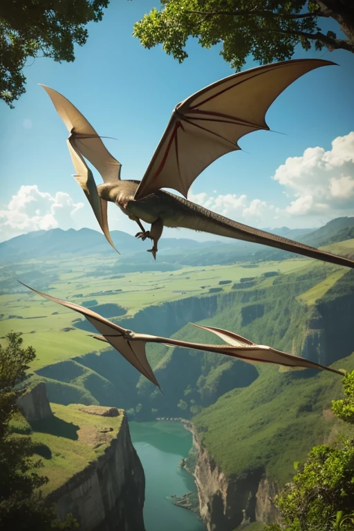 one big pteranodon,  a pair of long wing, a long tail, flying, ancient field