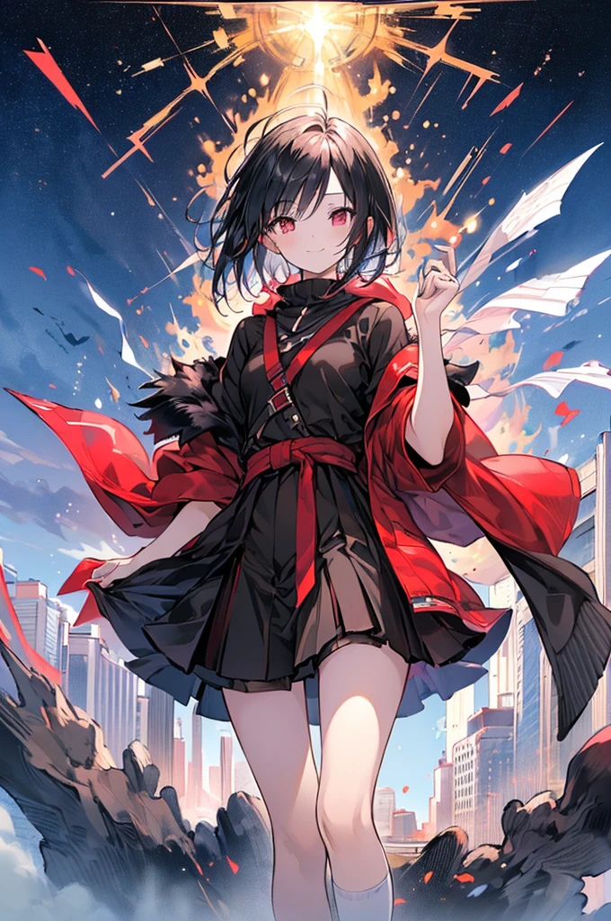 (masterpiece, highest quality, highest quality, (No text), Beautiful and aesthetic:1.2),No text,アニメ、 BREAK,One Girl，Short black hair　Red eyes　Beauty　cool　smile　Black Coat　mini skirt　whole body　Night view