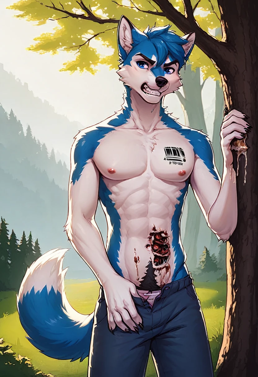 score_9, score_8_up, score_7_up, score_6_up BREAK furry, source furry, uploaded on e621 BREAK robot, android, barcode tattoos on the body, (mechabare:1.6, severed arms, missing arms, guro, amputee, broken), solo, male, adult, nude, muscular, thin waist, white arctic fox, white fur, short messy dark blue hair, cute young face, talking, black mouth, canine teeth, blue robotic eyes, hard nipples, massive erect white penis, erection, foreskin, dripping precum, component, chip, circuit board, mechanical parts, mechanical component, exploring, exploring the forest, forest, forest background, angry expression, looking away,