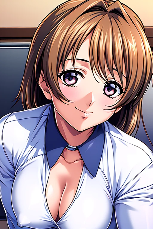 (best quality), (masterpiece), (focus on face), つやのある肌, 1girl, smile, office lady suit, medium large breasts, emphasizing the cleavage, erect nipples