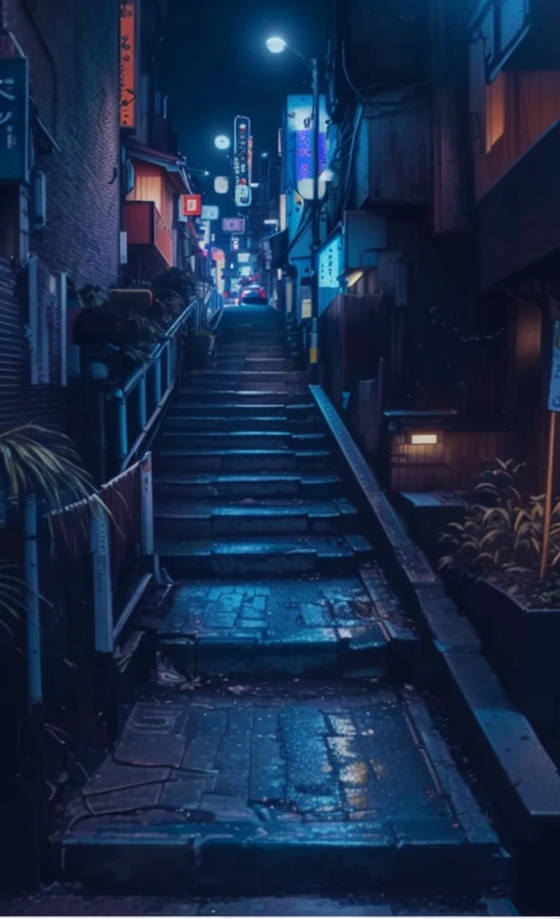 a close up of a street with a bunch of stairs, cyberpunk streets in japan, bladerunner street alley, cyberpunk alley, cyberpunk aesthetic, cyberpunk aesthetics, cyberpunk streets at night, quiet tokyo alley at night, cyberpunk back alley, cyberpunk street at night, like a scene from blade runner, dark alleyway, japanese city at night, in a japanese town at night