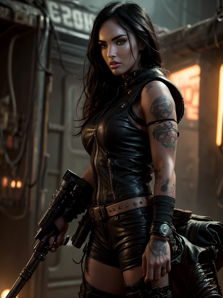portrait 1 young woman,upper body,science fiction, complex background punk, mad max , futuristic, post-apocalyptic, dark, dim light, ((masterpiece, best quality)),looking at viewer,megan.fox
