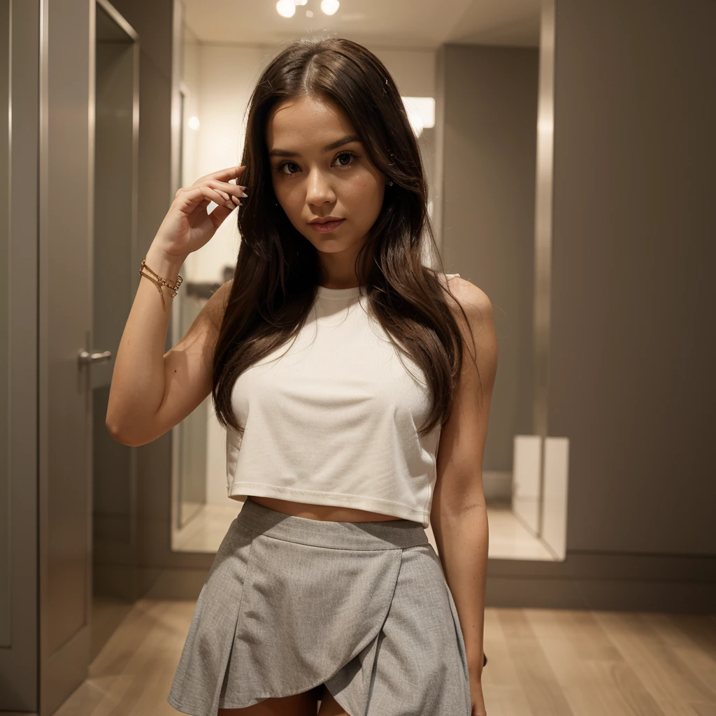 1girl in, 30 years old, Square face, Long hair, Looking at viewer, jewelry, Reality, Sexy, Short skirt outfit, fashion show backdrop , free pose