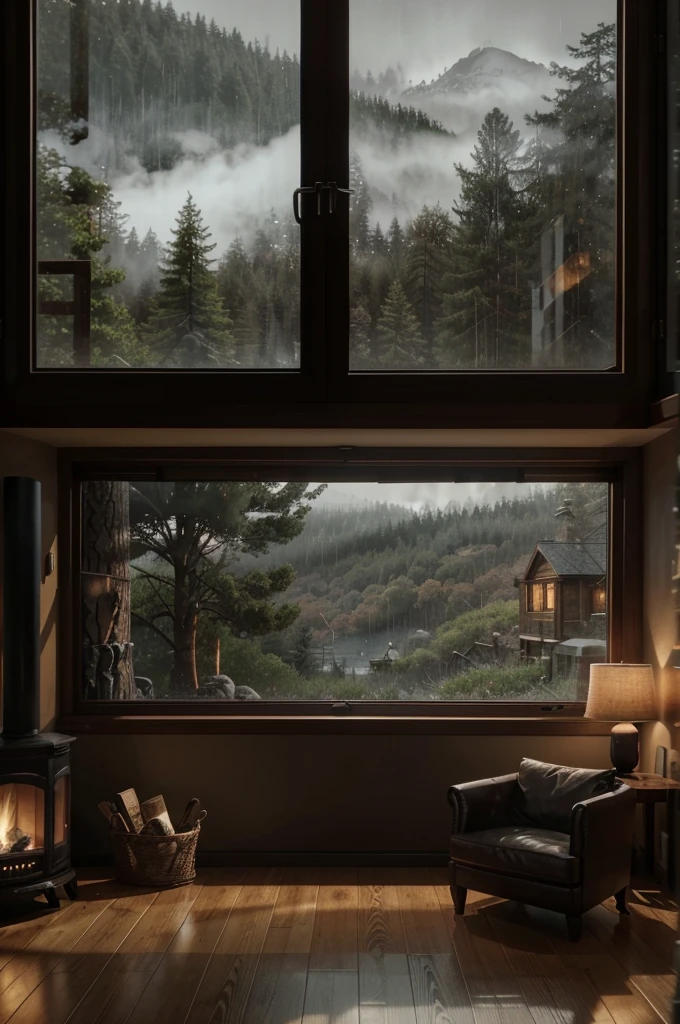 arafed living room with a fireplace and a large window, cozy environment, cozy place, moody cinematic atmosphere, cozy home background, cozy wallpaper, moody environment, relaxing environment, rainy day. game render, 8 k landscape render, cozy atmospheric, 8k hdr octane render, vray 8k render, house in forest, atmospheric render, 8k vray render