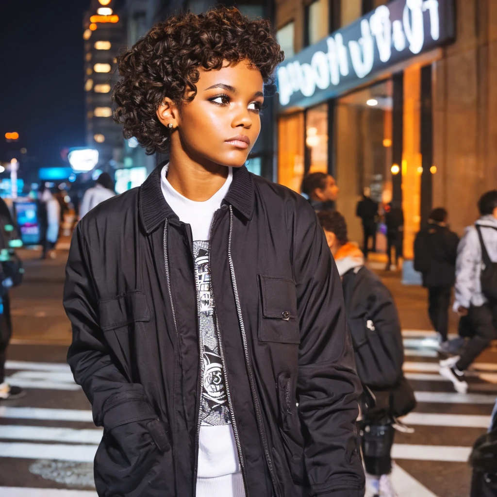 Curly brown hair, bun, dark skin, black eyes, streetwear fashion, smug, city, nightime