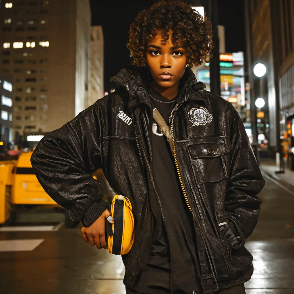 Curly brown hair, bun, dark skin, black eyes, streetwear fashion, smug, city, nightime