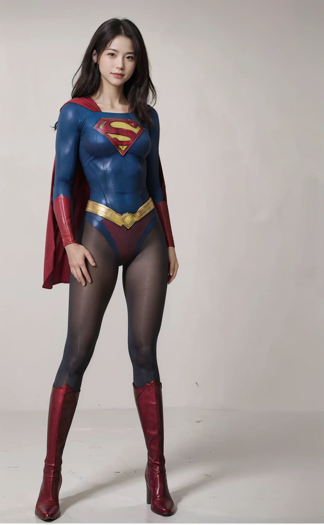 No background、(((Beautiful legs in black tights.)))、(((Legally express the beauty of your smile)))、((((Make the most of your original images)))、(((Body-hugging Supergirl costume)))、(((Supergirl Costume)))、(((Beautiful Hair)))、(((suffering)))、(((Please wear black tights....、Wear red boots)))、((Best image quality、8K))、((Highest quality、8K、masterpiece:1.3))、(((Preserve background )))、Sharp focus:1.2、Beautiful woman with perfect figure:1.4、Slim Abs:1.2、Wet body:1.5、Highly detailed face and skin texture、8K