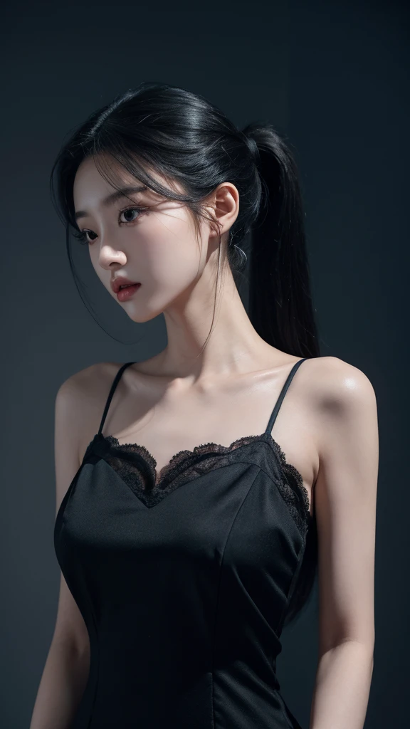 korean model , slim body , 167cm ,Movie Angle,long black ponytails hairstyle, (Cute girl,anatomy correct, elegant lace dress,( art,geomerty),(plethora of colorest quality,high detal,tmasterpiece,Cinematic lighting effects,4K,Chiaroscuro)
