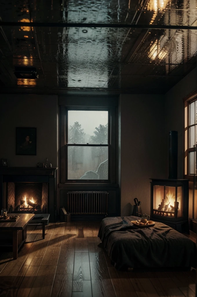 arafed living room with a fireplace and a large window, a detailed matte painting inspired by Gregory Crewdson, unsplash contest winner, conceptual art, cozy environment, cozy place, moody cinematic atmosphere, cozy home background, cozy wallpaper, moody environment, relaxing environment, rainy day. game render, 8 k landscape render, cozy atmospheric, 8k hdr octane render