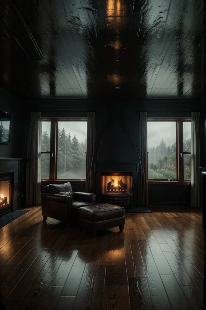 arafed living room with a fireplace and a large window, a detailed matte painting inspired by Gregory Crewdson, unsplash contest winner, conceptual art, cozy environment, cozy place, moody cinematic atmosphere, cozy home background, cozy wallpaper, moody environment, relaxing environment, rainy day. game render, 8 k landscape render, cozy atmospheric, 8k hdr octane render
