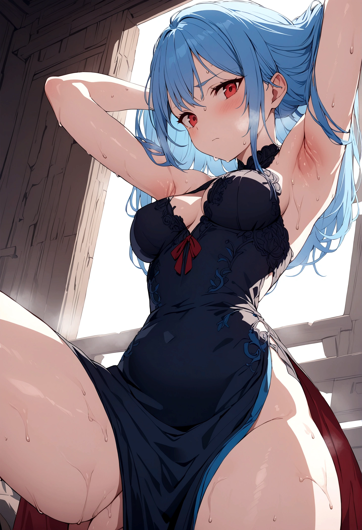 Armpits spread, detailed, blue hair, red eyes, dress, thigh slit, sweaty