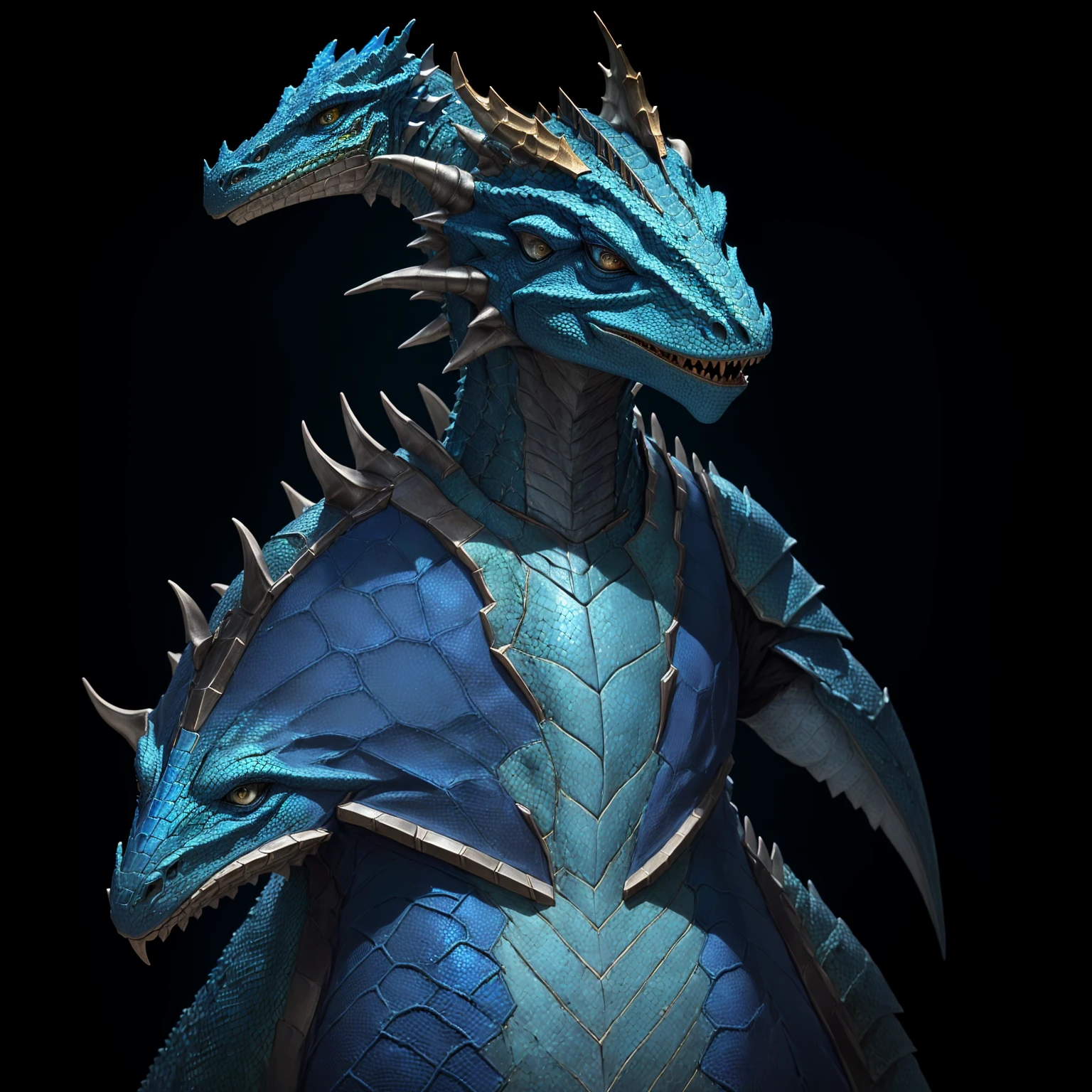 a close up of a person wearing a blue and brown outfit, argonian, male white scales dragonborn, african argonian! body! in full, lizardman thief, dragonborn, lizardfolk, as an anthropomorphic dragon, portrait of fin wildcloak, basilisk, inspired by Rajmund Kanelba, hyperdetailed fantasy character, lizard head, lizard person, dark blue eyes, leather armor