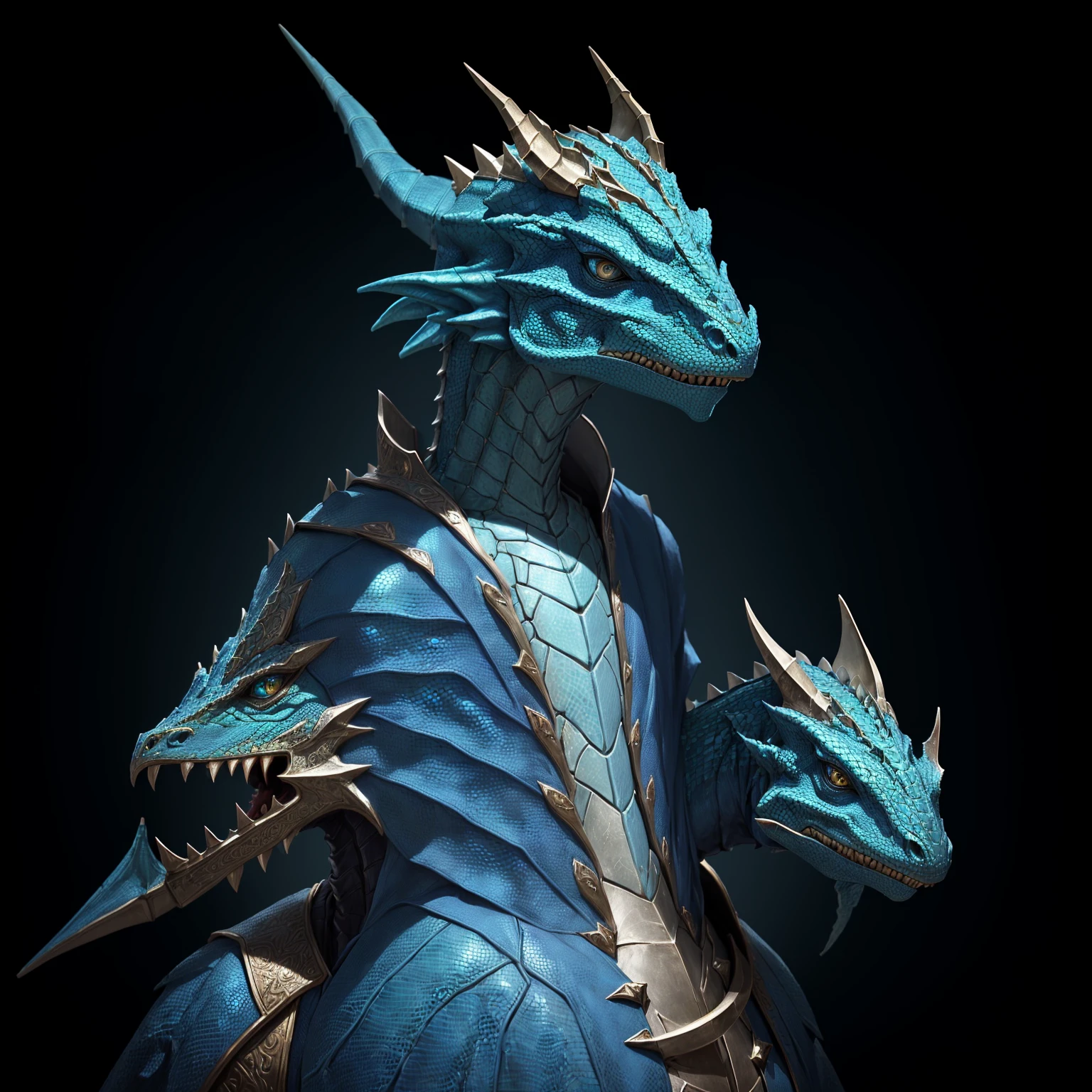 a close up of a person wearing a blue and brown outfit, argonian, male white scales dragonborn, african argonian! body! in full, lizardman thief, dragonborn, lizardfolk, as an anthropomorphic dragon, portrait of fin wildcloak, basilisk, inspired by Rajmund Kanelba, hyperdetailed fantasy character, lizard head, lizard person, dark blue eyes, leather armor