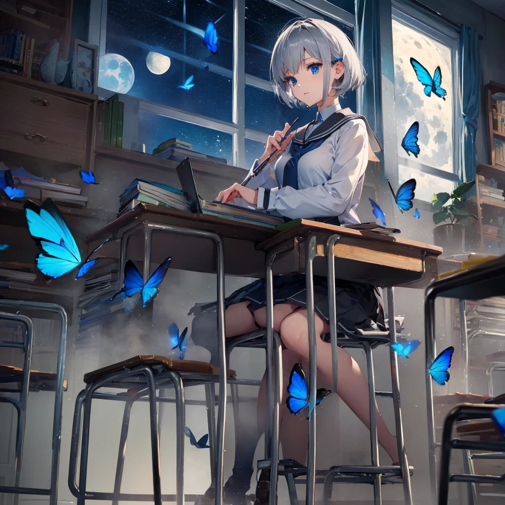 (((1 person Gray Hair Holding a pen classroom Chair sit))) ((High resolution short hair tie Black Skirt Rin々Funny face )) ((student blue eyes Close-up)) ((Blue Butterfly night 学校のclassroom Shining Aura sit Catch the wind Looking at the moon outside)) (smile Bathed in light) 月night moonlight star Shuriken Shining Background Shining Edge