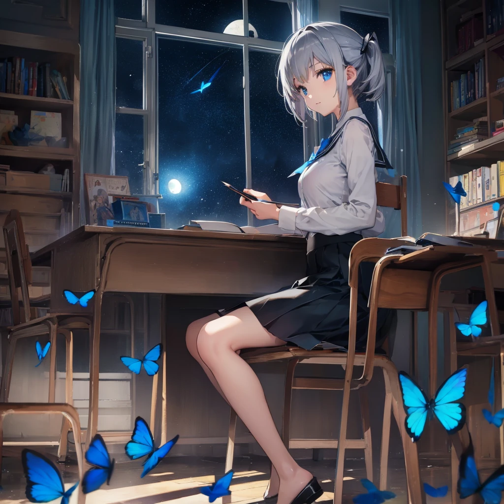 (((1 person　Gray Hair　Holding a pen　classroom　Chair　sit)))　((High resolution　short hair　tie　Black Skirt　Rin々Funny face　))　((student　blue eyes　Close-up))　((Blue Butterfly　night　学校のclassroom　Shining Aura　sit　Catch the wind　Looking at the moon outside))　(smile　Bathed in light)　月night　moonlight　star　Shuriken　Shining Background　Shining Edge