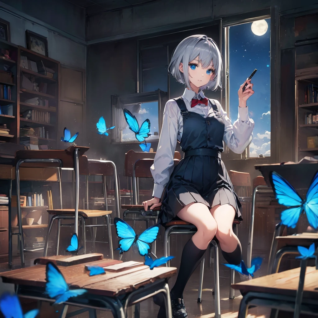 (((1 person Gray Hair Holding a pen classroom Chair sit))) ((High resolution short hair tie Black Skirt Rin々Funny face )) ((student blue eyes Close-up)) ((Blue Butterfly night 学校のclassroom Shining Aura sit Catch the wind Looking at the moon outside)) (smile Bathed in light) 月night moonlight star Shuriken Shining Background Shining Edge