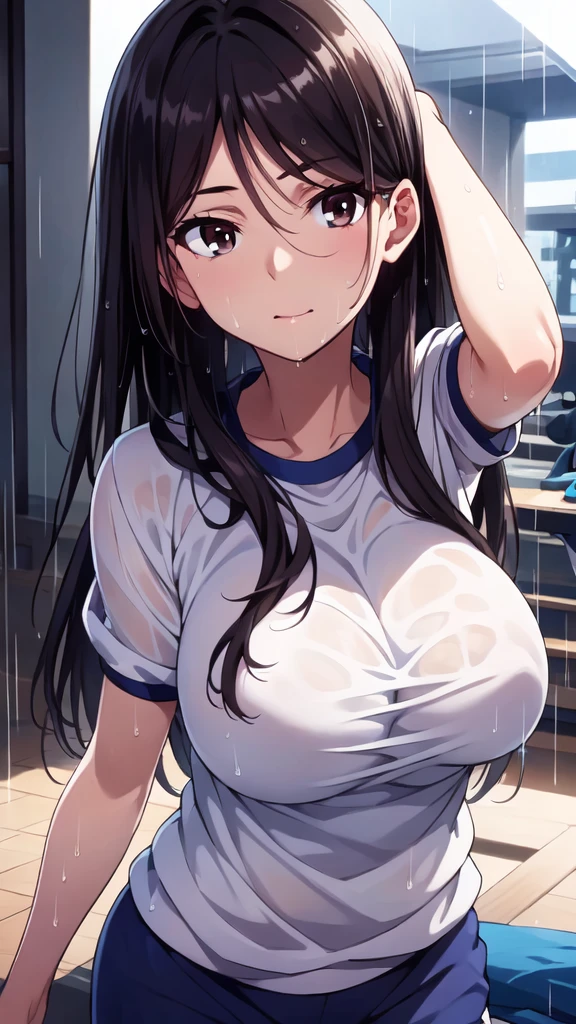 (Upper Body),alone,Medium Shot,18-year-old,(Soil ground,Outdoor:1.4),(masterpiece:1.4),anime,Portraiture, 8K,Realistic, 18-year-old,Elegant mature woman, Brown eyes, (Black Hair:1.4), smile,Big Breasts,(Gym clothes with short sleeves:1.4),(Transparent white gym clothes:1.4),(arm behind head:1.4),(Outdoor:1.4),(rain,Schoolyard:1.4),Wet,(wet cloth:1.4),Sweat,Straight long hair, Beautiful breasts,(See-through nipples:1.3), 4K resolution, High quality CG, Beautiful CG, Soft Light,(wet:1.3),(学校のSchoolyard,Outdoor:1.4)