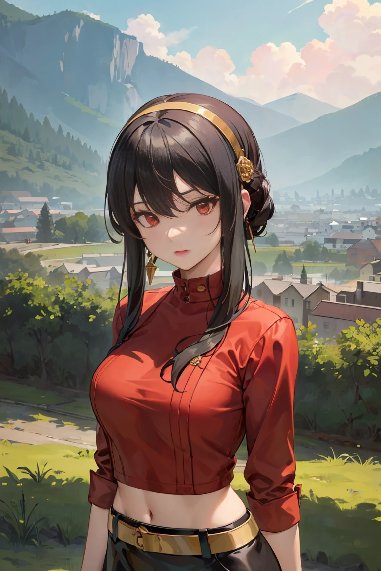 masterpiece, best quality, highres, Ajof, side locks, golden hairband, hair adornments, ((Red eyes:1.5)), gold earring, Large breasts,((black hair:1.5)), midriff, black skirt, asymmetrical legwear, pink shirt, black thighhighs, belt, miniskirt, landscape, standing, standing, portrait, upper body