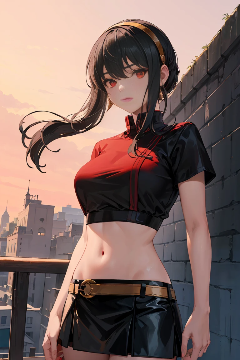 masterpiece, best quality, highres, Ajof, side locks, golden hairband, hair adornments, ((Red eyes:1.5)), gold earring, Large breasts,((black hair:1.5)), midriff, black skirt, asymmetrical legwear, pink shirt, black thighhighs, belt, miniskirt, landscape, standing, standing, portrait, upper body
