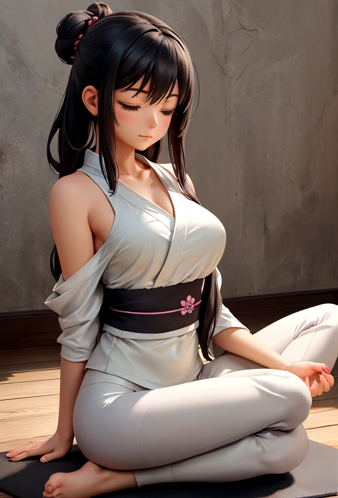 A young female character is practicing yoga in a serene, meditative pose. She is seated in the lotus position (Padmasana) with her legs crossed and her hands resting on her knees, fingers forming the Gyan mudra. Her eyes are gently closed, and she has a peaceful expression on her face, indicating deep focus and relaxation.
She is dressed in stylish, fitted yoga pants and a comfortable top, both designed for flexibility and ease of movement. Over her outfit, she wears an elegant silk kimono, which drapes gracefully around her shoulders and flows softly to the sides. The kimono features intricate, delicate patterns that add a touch of sophistication to her look.
The background is a rustic, artistic setting with a textured, slightly worn concrete wall that enhances the natural, tranquil atmosphere. She sits on a dark, possibly wooden floor, with a yoga mat beneath her for comfort. The overall mood of the illustration is calm and introspective, capturing a moment of serene mindfulness.