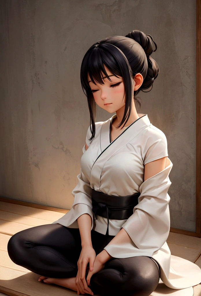 A young female character is practicing yoga in a serene, meditative pose. She is seated in the lotus position (Padmasana) with her legs crossed and her hands resting on her knees, fingers forming the Gyan mudra. Her eyes are gently closed, and she has a peaceful expression on her face, indicating deep focus and relaxation.
She is dressed in stylish, fitted yoga pants and a comfortable top, both designed for flexibility and ease of movement. Over her outfit, she wears an elegant silk kimono, which drapes gracefully around her shoulders and flows softly to the sides. The kimono features intricate, delicate patterns that add a touch of sophistication to her look.
The background is a rustic, artistic setting with a textured, slightly worn concrete wall that enhances the natural, tranquil atmosphere. She sits on a dark, possibly wooden floor, with a yoga mat beneath her for comfort. The overall mood of the illustration is calm and introspective, capturing a moment of serene mindfulness.