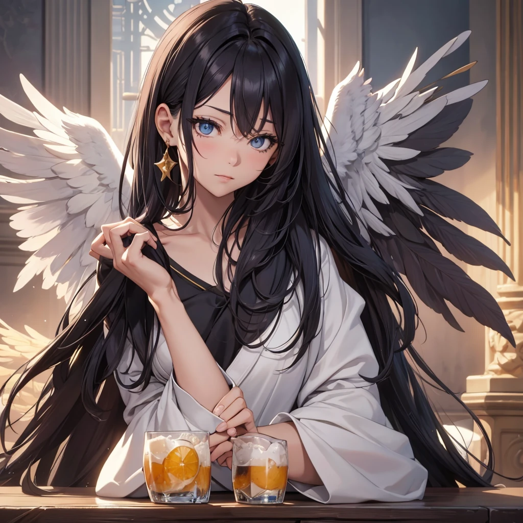 ((On the table, best quality)), Delicate face, Character Design Sheet,whole body, Perfect proportion,Rich in details, Multiple poses and expressions, Very detailed, Martial Arts Girl,1Girl with black wings,Gradient hair color,Golden,Delicate eyes, see through,1 Angel Wings Girl,cloud,High balance, Halo,Natural light,Starlight decoration,Background greek temple