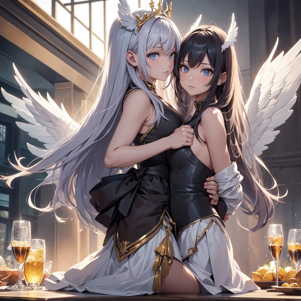 ((On the table, best quality)), Delicate face, Character Design Sheet,whole body, Perfect proportion,Rich in details, Multiple poses and expressions, Very detailed, Martial Arts Girl,1Girl with black wings,Gradient hair color,Golden,Delicate eyes, see through,1 Angel Wings Girl,cloud,High balance, Halo,Natural light,Starlight decoration,Background greek temple