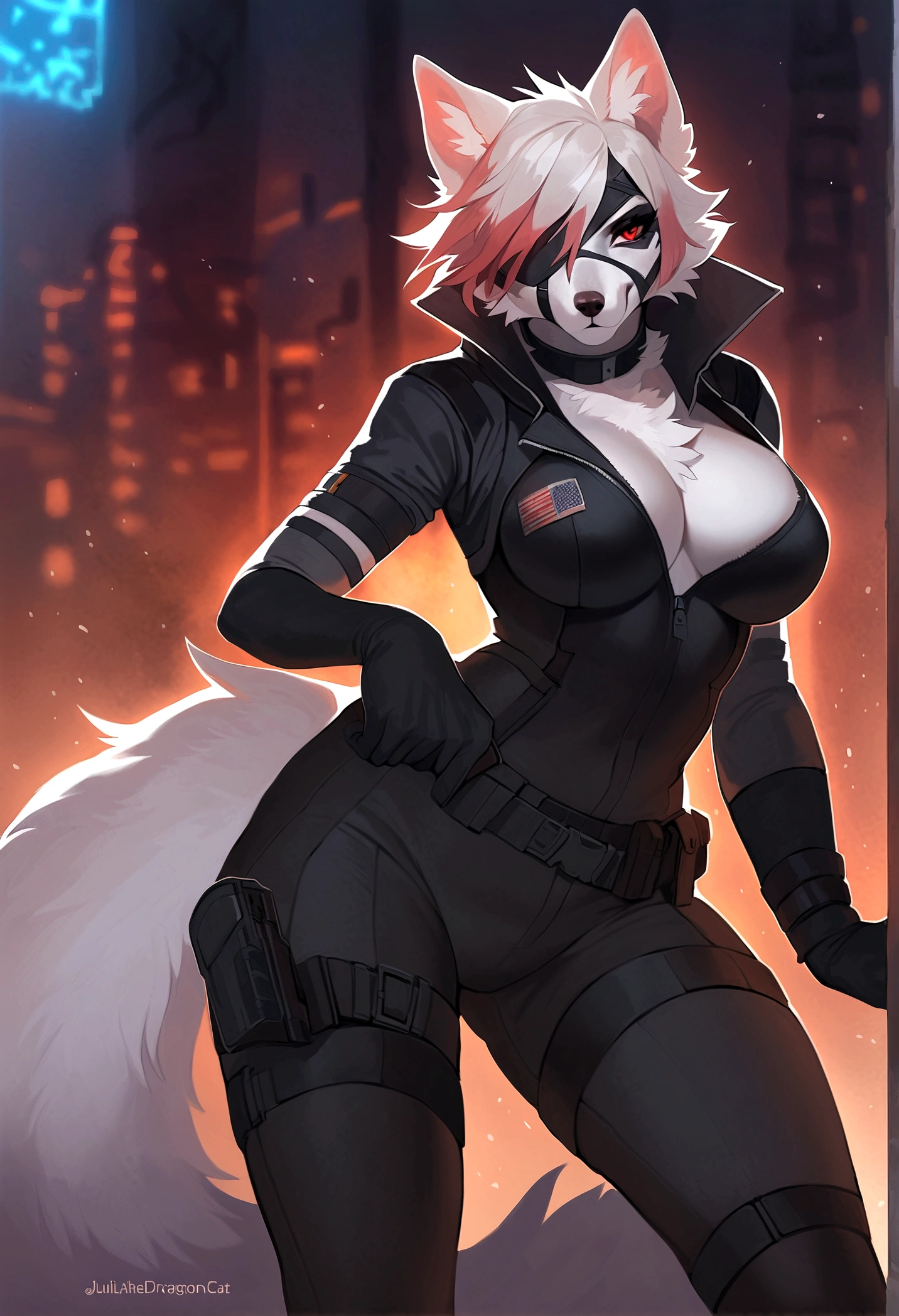 top quality, best quality, by juliathedragoncat, High-quality illustrations, masterpiece)(kemono, furry anthro), The Division, round, 1 female, wolf, Von Lycaon, (Zenless Zone Zero), fur, fluffy, breasts, wide hips, tail, perfect eyes, red eyes, eye patch, Agent clothes, Agent bodysuit, armwear, The Division Manhattan, body movement,