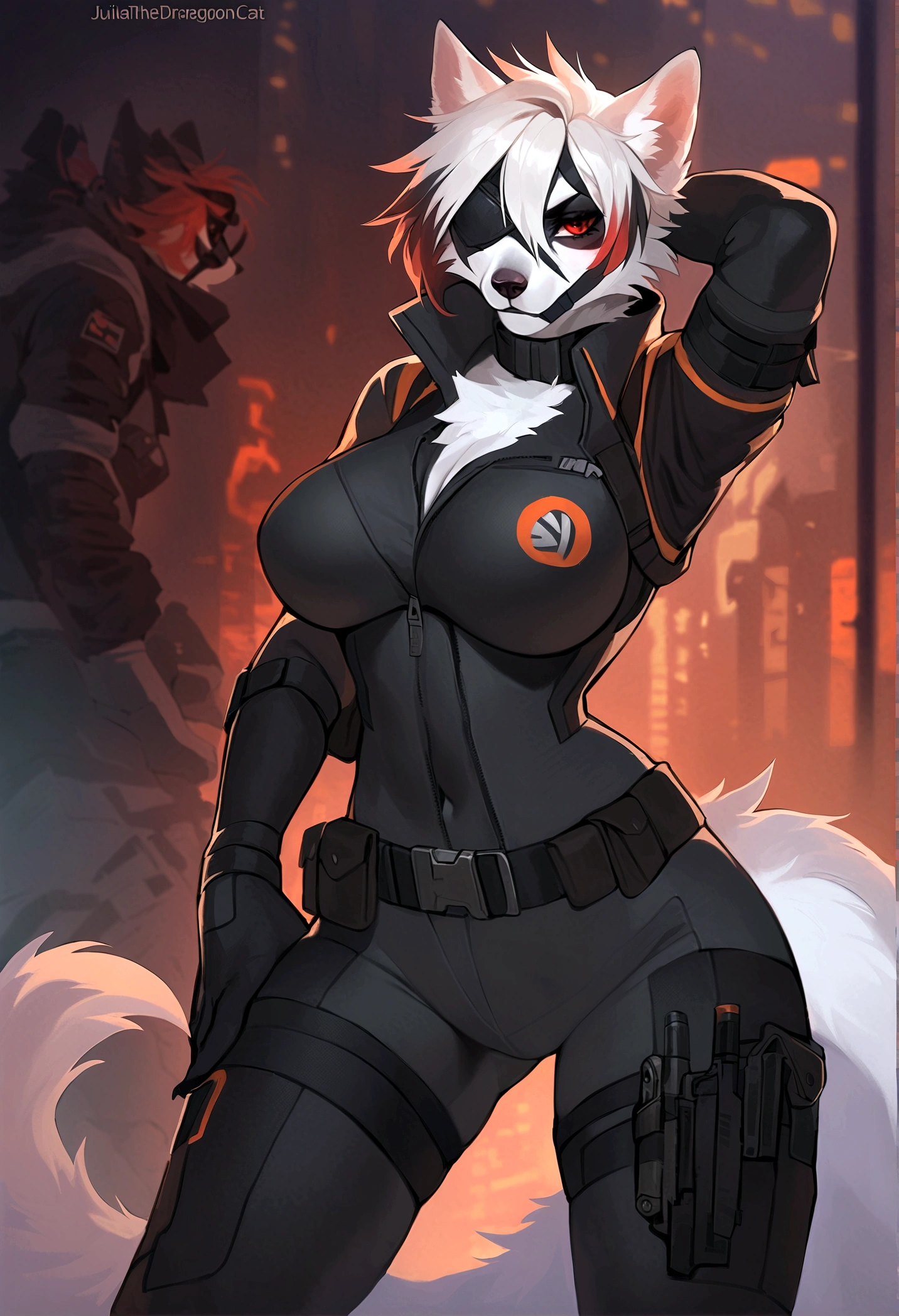 top quality, best quality, by juliathedragoncat, High-quality illustrations, masterpiece)(kemono, furry anthro), The Division, round, 1 female, wolf, Von Lycaon, (Zenless Zone Zero), fur, fluffy, breasts, wide hips, tail, perfect eyes, red eyes, eye patch, Agent clothes, Agent bodysuit, armwear, The Division Manhattan, body movement,