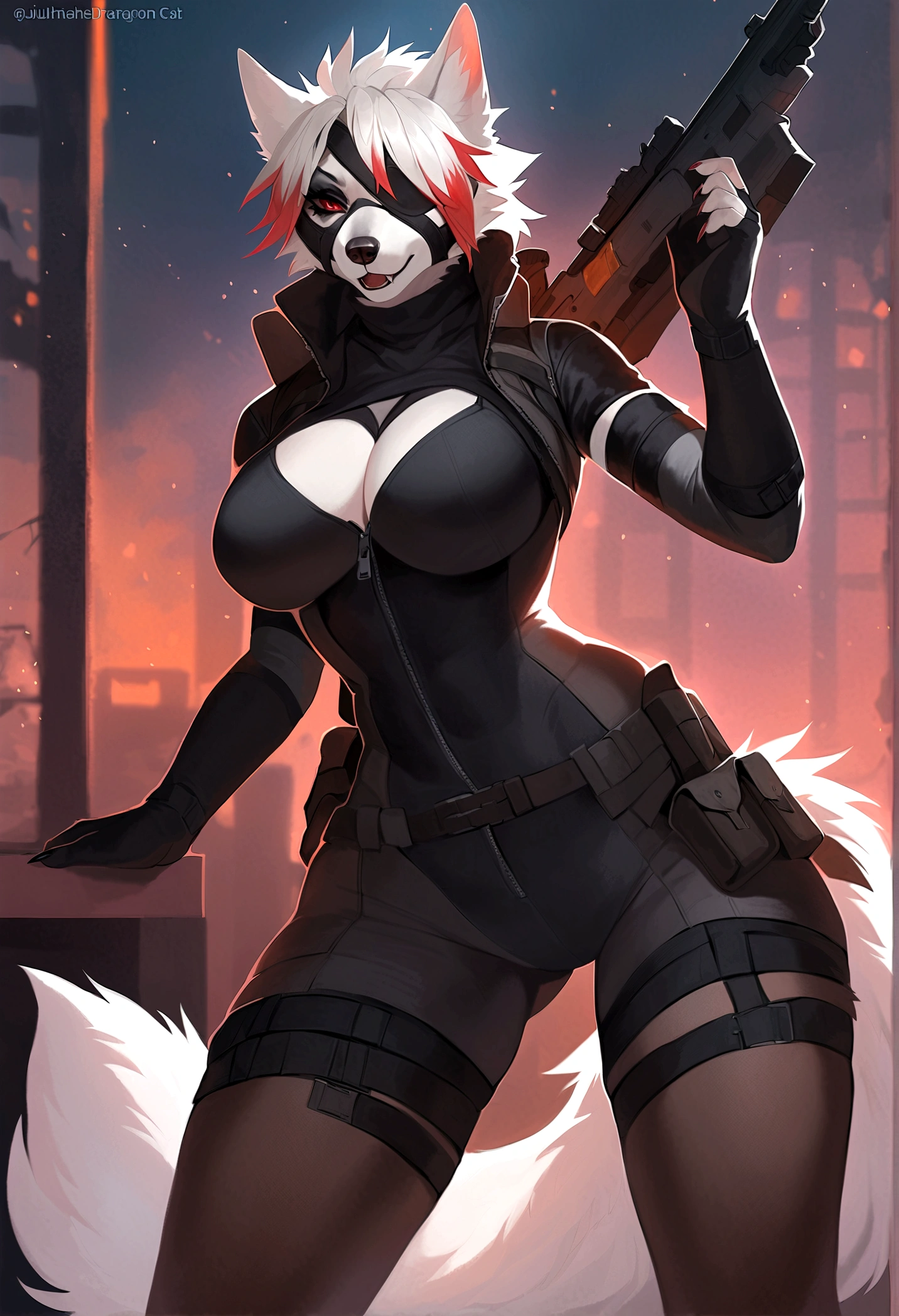 top quality, best quality, by juliathedragoncat, High-quality illustrations, masterpiece)(kemono, furry anthro), The Division, round, 1 female, wolf, Von Lycaon, (Zenless Zone Zero), fur, fluffy, breasts, wide hips, tail, perfect eyes, red eyes, eye patch, Agent clothes, Agent bodysuit, armwear, The Division Manhattan, body movement,