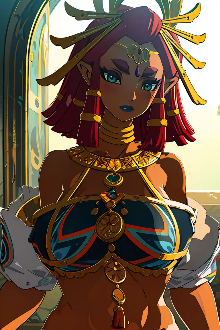 best quality, high resolution, large breasts, red hair, blush, embarrassed, cowboy shot, looking at viewer, Riju, blue lip, (((off shoulders))), (((gigantic naked breasts))),