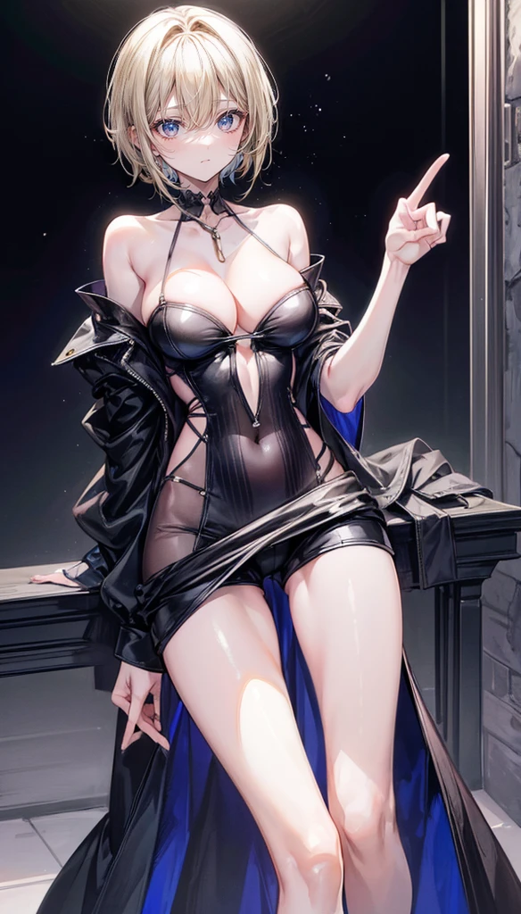 (masterpiece, highest quality, highest quality, Official Art, beautifully、aesthetic:1.2, Cinema Lighting、Key light at 45 degrees from the front, Subsidy light、Soft Backlight),
Beautiful face、Perfect round ass、 The body is slim、Fit and body、Pale skin、Shiny, Bright Eyes、 Length eyelashes、
1 girl、alone、
accurate to the human body、Correct five-finger、Perfect human body、Knowledgeable person、Highly detailed face and skin texture、Natural neck length、(beautiful Hands)、beautiful, length, Thin legs、straighten both legs、Stretch out your arms、
Perfect human body、Accurate human body、A perfect and accurate left hand、A perfect and accurate right hand、Perfect and precise fingers、
skinny,Black Choker,Earrings,Big cleavage、Off-the-shoulder loose shirt,hot pants、Shiny high knee socks、
((Random hand gestures)),
Blonde pixie short hair、
Accurate 5-finger、Accurate human body、The perfect human body、
A room with a living feel、