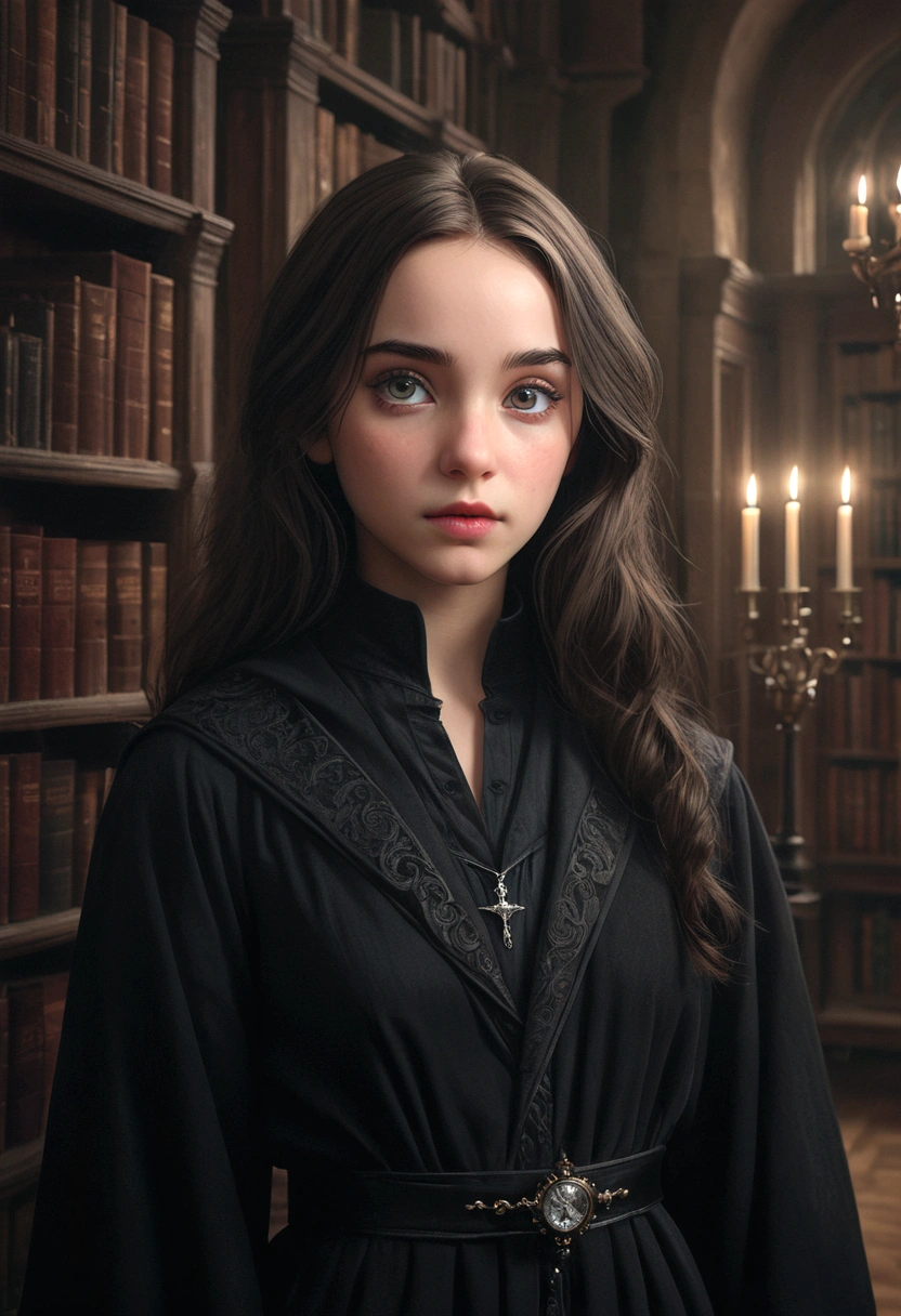 highly detailed portrait of a young girl, beautiful detailed eyes, beautiful detailed lips, extremely detailed face, long eyelashes, young girl in long black robe, hogwarts uniform, holding magic wand, severus snape, large victorian style mansion, ornate interior, chandelier, bookshelves, (best quality,4k,8k,highres,masterpiece:1.2),ultra-detailed,(realistic,photorealistic,photo-realistic:1.37),dark academia,dramatic lighting,moody atmosphere,rich colors