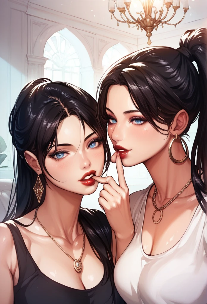 
Hot sexy beautiful women biting her finger in Mouth seductively, detailed lips rings,blue eyes,  detailed , big chandelier earrings , alluring face, necklace , red lipstick  ,black hair,hair ponytail,black crop top,black sports saggy pant