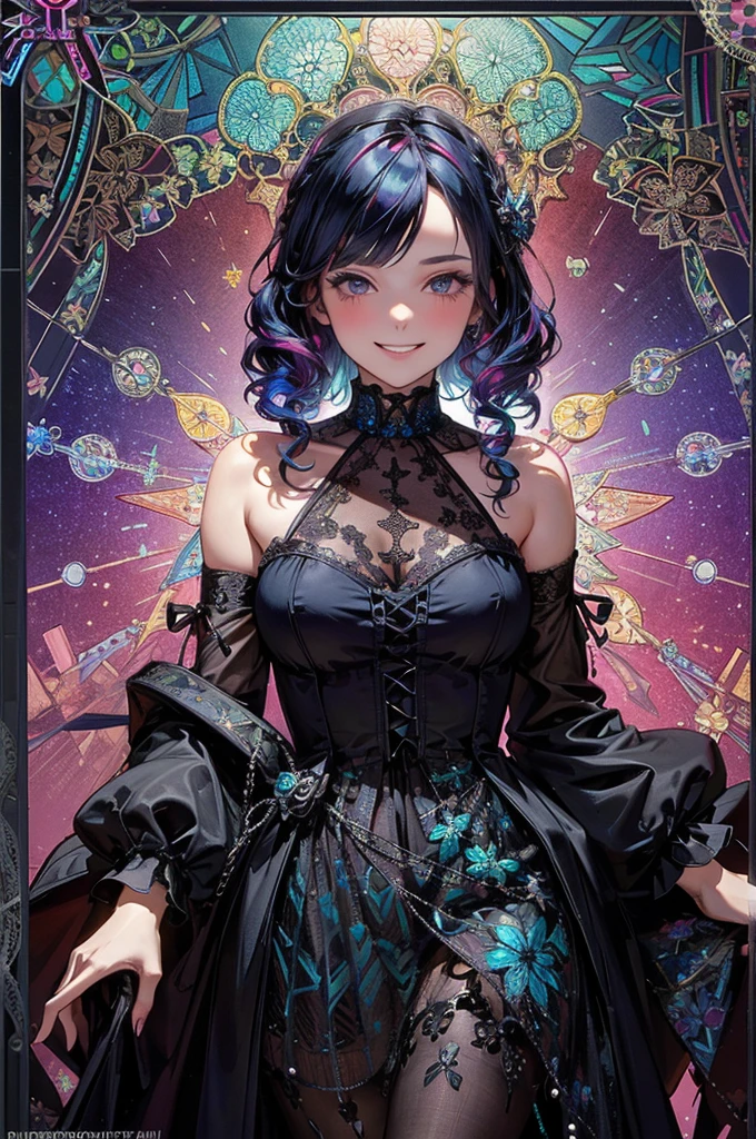(Masterpiece, Best Quality), 8k,(((highly detailed))), lace:1.8,Super intricate lace pattern,colorful lace pattern,stained glass background, kaleidoscope,light-up,Gothic, 1 woman,(wave hair,neon hair),grin