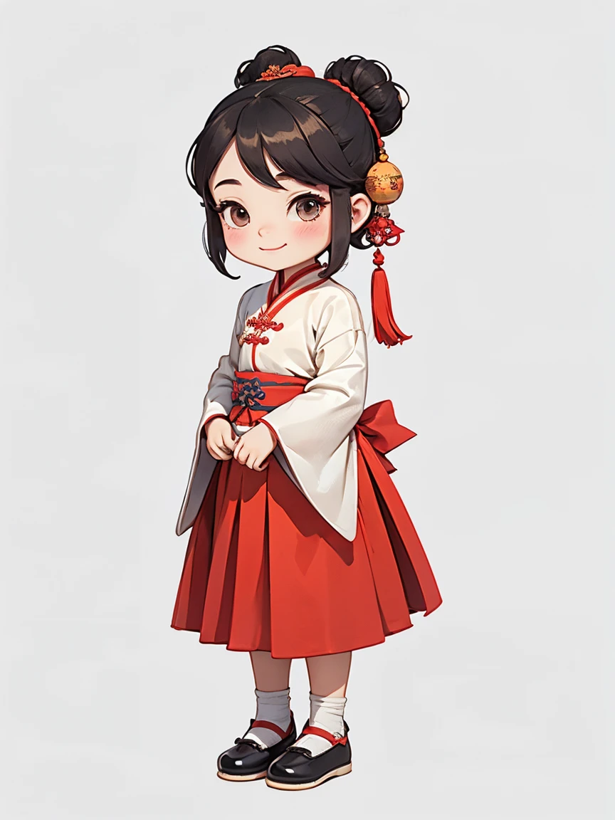 5 ,,Costume girl,Chinese Tang Dynasty Girl,Long skirt skirt,Standing,Embroidered shoes,Ball head hairstyle,whole body,Smile,Hands hanging down,Blank Background