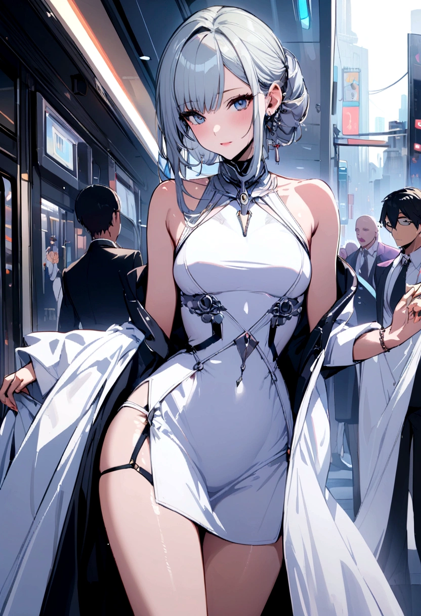 1 girl, megami magazine, white hair, short hair, (see through:1.3) , black bra, crowds, city