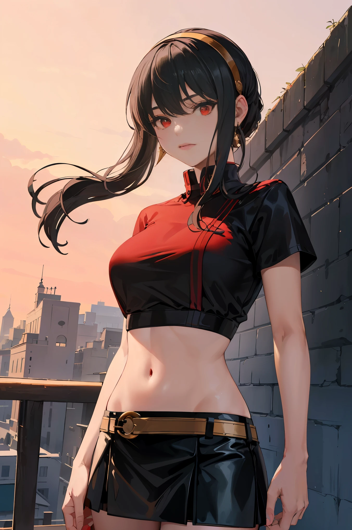 masterpiece, best quality, highres, Ajof, side locks, golden hairband, hair adornments, ((Red eyes:1.5)), gold earring, Large breasts,((black hair:1.5)), midriff, black skirt, asymmetrical legwear, pink shirt, black thighhighs, belt, miniskirt, landscape, standing, standing, portrait, upper body