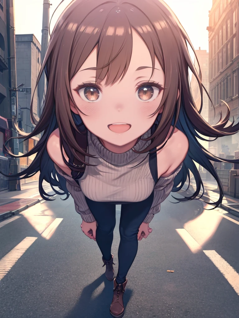 One girl, alone, Big eyes, 邪悪なsmile,Long Hair, Brown Hair, Brown eyes,happy smile, smile, Open your mouth,One-shoulder sweater,Skinny jeans,short boots,Daytime,sunny,walking,whole bodyがイラストに入るように, break outdoors, construction area, break looking at viewer, whole body, break (masterpiece:1.2), Highest quality, High resolution, unity 8k wallpaper, (shape:0.8), (Beautiful attention to detail:1.6), Highly detailed face, Perfect lighting, Highly detailed CG, (Perfect hands, Perfect Anatomy),
