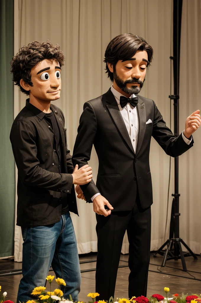 A sad man puppeting his puppet. The puppet is on a stage and being showered with flowers. The puppeteer is sad but keeps going on. 