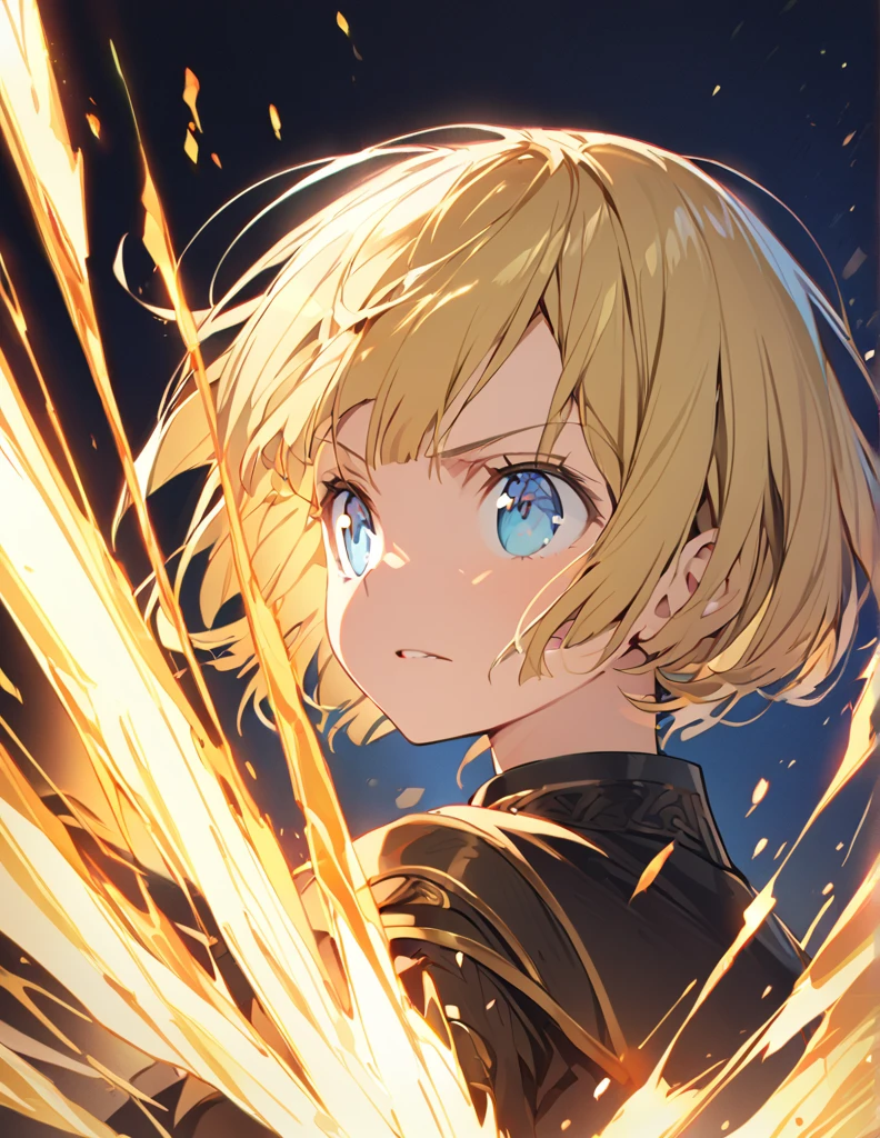 A girl fighting with golden flames (Open Close), (Small body), (Blonde:1.5） (Short Bob Hair:1.4), (Blue eyes)
