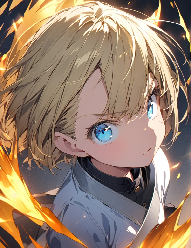 A girl fighting with golden flames (Open Close), (Small body), (Blonde:1.5) (Short Bob Hair:1.4), (Blue eyes)