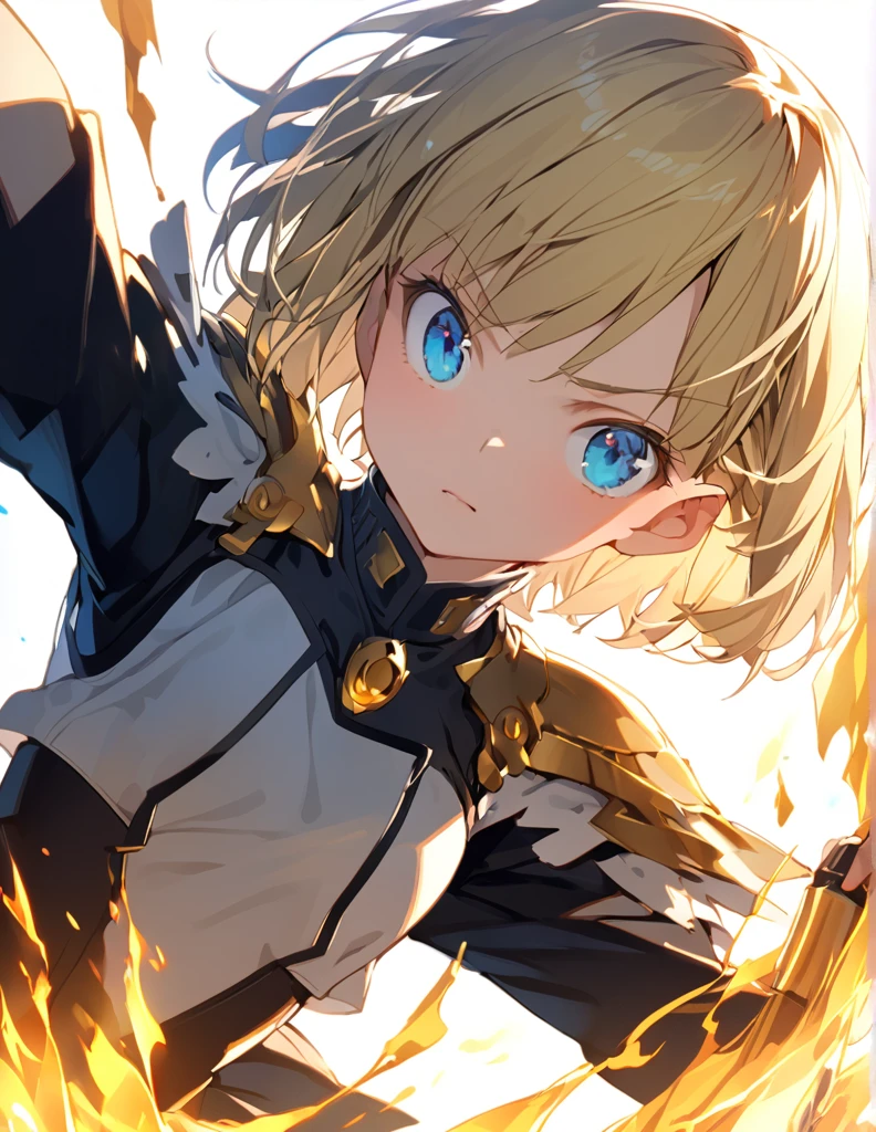 A girl fighting with golden flames (Open Close), (Small body), (Blonde:1.5） (Short Bob Hair:1.4), (Blue eyes)
