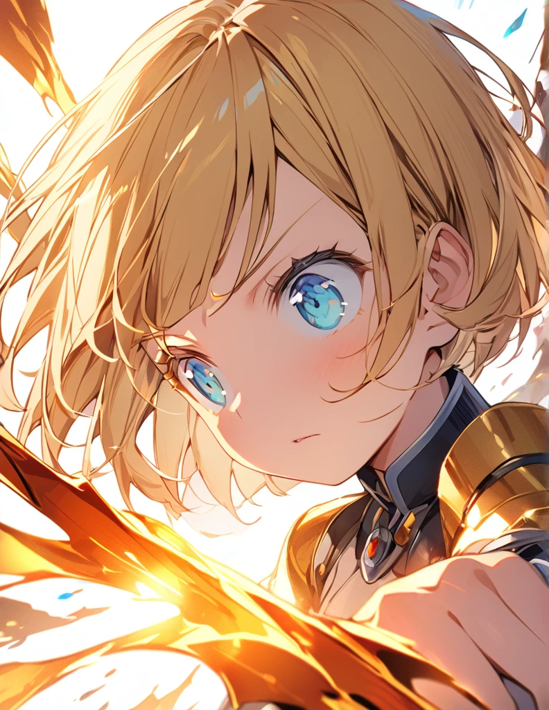 A girl fighting with golden flames (Open Close), (Small body), (Blonde:1.5) (Short Bob Hair:1.4), (Blue eyes)