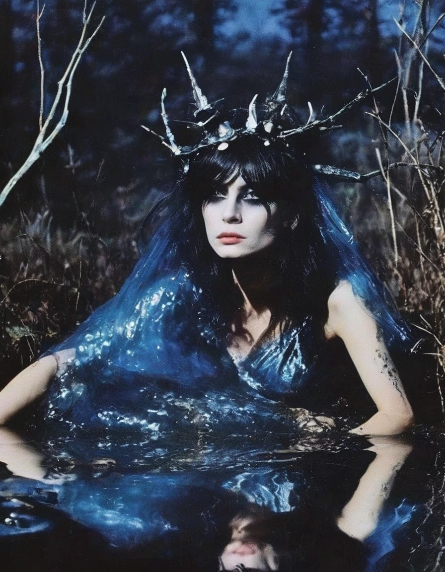 film photography, vintage, fashion photography of horror, horror witch zombie in black water, blue night forest background